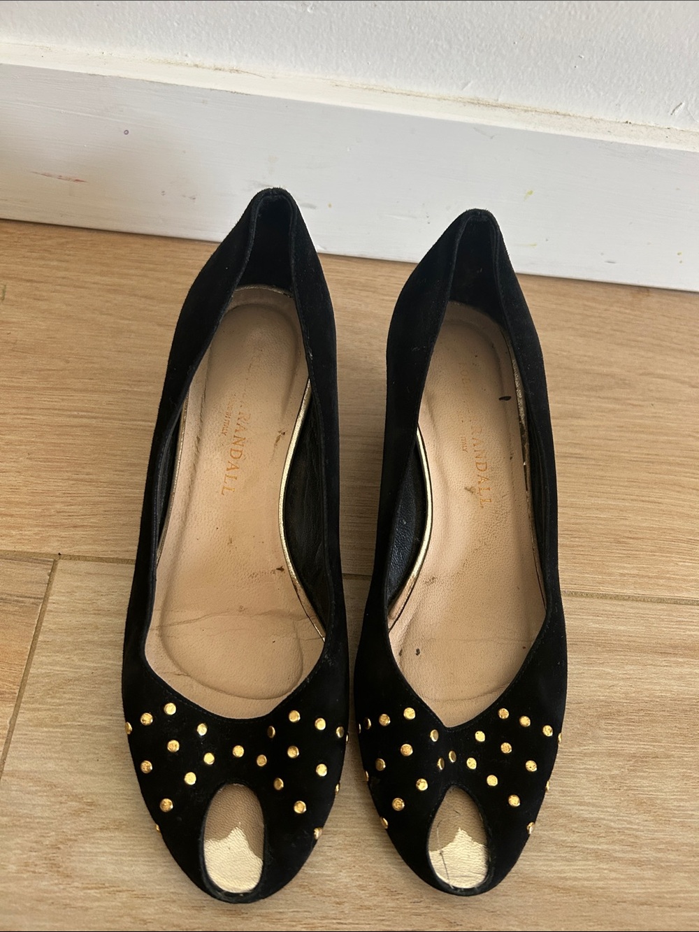 Loeffler Randall Black Peep-Toe Heels with Gold Studs